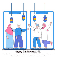 Happy Ramadan Mubarak Greeting with Lantern, and Muslim Family Characters Video Call Using Smartphone