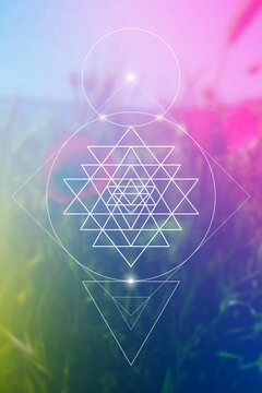 Sri Yantra sacred geometry spiritual new age futuristic illustration with interlocking circles, triangles and glowing particles in front of blurry natural photographic background