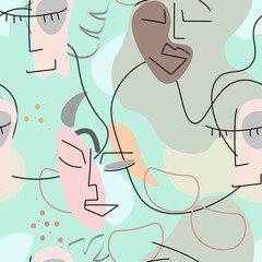 One line drawing. Abstract face seamless pattern.