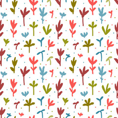 Seamless childish pattern with cute doodle flowers. Kids floral texture for fabric, textile, wrapping, wallpaper, cover print. Repeat vector pattern with abstract plants and leaves scandinavian style