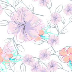 Pink Flowers Blooming Pattern. Pastel Watercolor.