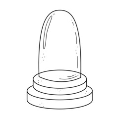 Glass protective dome on plastic stand in sketch doodle style. Transparent cover of an elongated hemispherical shape. Black vector illustration isolated on white background
