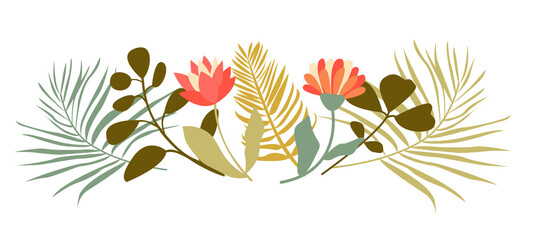 Floral composition of tropical leaves and flowers in boho style. Wedding modern border. Vector illustration isolated on white background