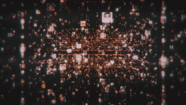 a social network with a stream of different people portraits wich moving along orange network grid and data connections in black cyberspace background, 3d rendering 4K footage