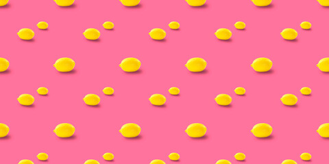 Juicy ripe flying yellow lemons on pink background. creative food concept. Tropical organic fruit, citrus, vitamin C. Lemon slices. Summer minimalistic bright fruit background. pattern. banner. 