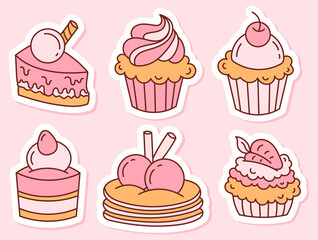 A set of stickers cakes with cream and berries, sweets. Doodle illustration isolated on white background.	