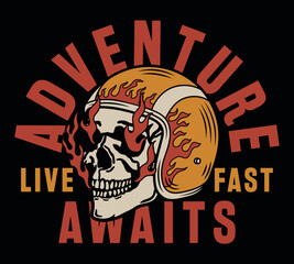 Burning Skull with a Racing Helmet Illustration with A Slogan Artwork on Black Background For Apparel and Other Uses