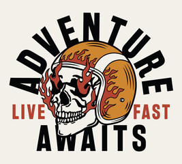 Burning Skull with a Racing Helmet Illustration with A Slogan Artwork on White Background For Apparel and Other Uses