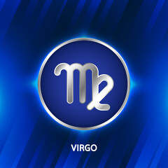 Astrological zodiac Virgo symbols in light silver color around. Glowing collection of Astrology Zodiac Signs. Shining bright lights stars. Glowing shining metallic zodiac signs.