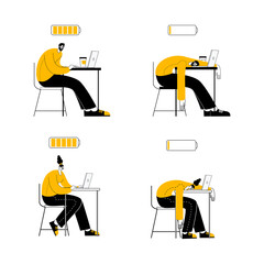 A cheerful man and woman are working at a computer, and a tired man and woman are sleeping at an open laptop. Set of illustration in outline style on the theme of workaholism and fatigue. - obrazy, fototapety, plakaty