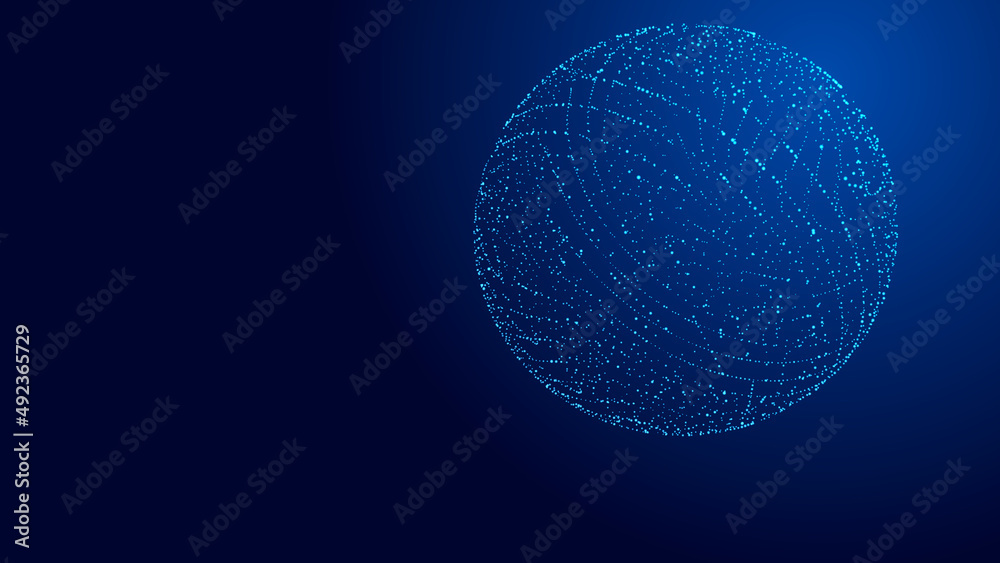 Poster sphere with moving information particles. global communication technology. 3d rendering.