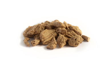 Beef Freeze Dried in Heap in Point of View Shot Isolated on White