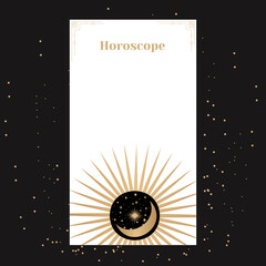template for a horoscope with the sun. An elegant poster for an esoteric zodiac horoscope for a logo or poster on a black background with stars