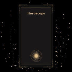 template for a horoscope with the sun. An elegant poster for an esoteric zodiac horoscope for a logo or poster on a black background with stars