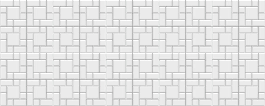 Seamless brick metro pattern. Tile subway wall. White ceramic background. Kitchen backsplash. Apron faience print. Cement texture. Retro decorative brickwall. Vintage stone surface Vector illustration