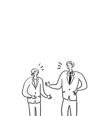 会話をするスーツ姿の女性と男性、線画（縦、右下配置）