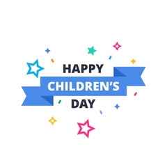 happy children's day blue yellow flat label
