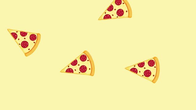 Minimal motion design animation - pizza falling and rotating at color background. Abstract graphics in trendy colors and style. Seamless looping animation.