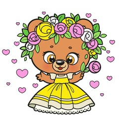 Cute cartoon teddy bear in yellow princess dress and wreath of roses color variation for coloring page on a white background