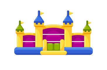 Fototapeta premium Bounce house, inflatable castle for kids summer game on playground or indoor. Children's trampoline design. Vector colorful flat illustration isolated on white background