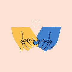 Blue and yellow Holding hands. The one finger hold. Ukrainian flag colors. Stand with Ukraine. Save Ukraine from russia. Stop war, praying, mourning, humanity concept. Hand drawn Vector illustration