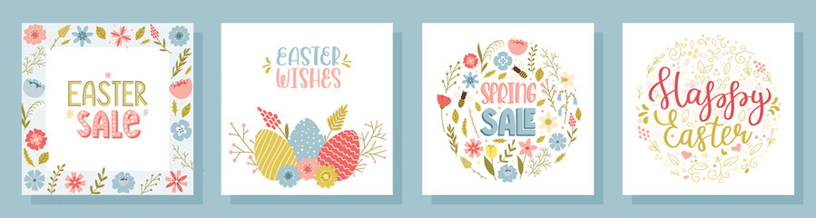 A set of square Easter greeting cards with hand lettering. With a flower frame with spring flowers, twigs, herbs, Easter eggs. Vector illustrations in a cute cartoon style on a white background.