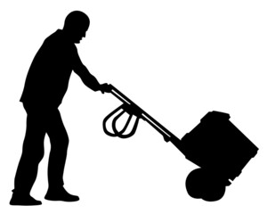Worker is carrying a cart with a load. Isolated silhouette on white background