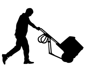 Worker is carrying a cart with a load. Isolated silhouette on white background