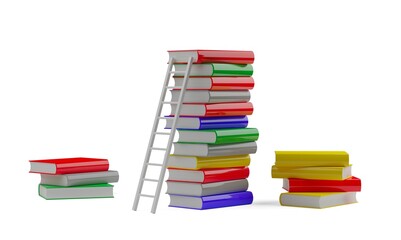 Fototapeta premium Multiple stacks of hardcover books with ladder to the top over white background, study or career goal or success concept