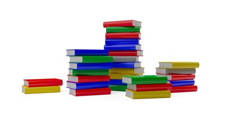 Colored multiple stacks of hardcover books over white background, literature, study or education concept