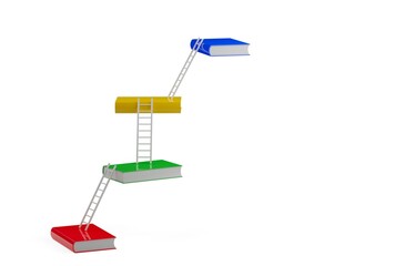 Four single hardcover books connected by ladders over white background, study or career goal or success concept