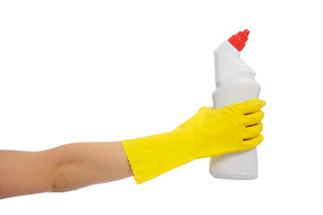 close up of hand in yellow rubber glove holding plastic bottle with toilet cleaner isolated on white