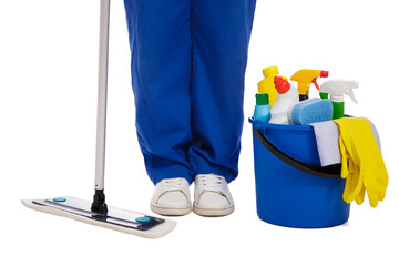 cleaner's legs, mop and bucket with cleaning equipment isolated on white background