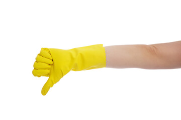 housekeeping concept - hand in yellow rubber glove thumbs down isolated on white