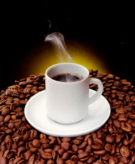 Cup of coffee and smoke on toasted coffee grains rustic bag.