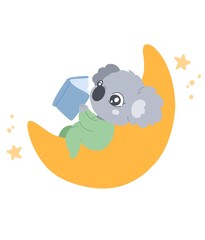 Cute koala lies on the moon reading a book. Flat illustration isolated on white background. Kids poster 