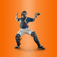 Baseball players in dynamic action in action on gradient multicolored neon background. Concept of...