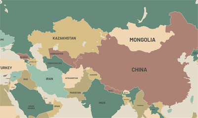 Zoomed map of asia. Country borders are marked with different colors. Especially China and its neighbors seem closer