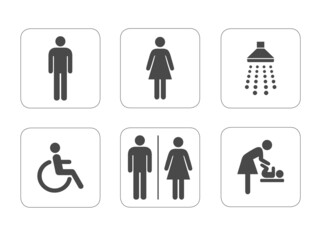 Set of Toilet Silhouette Icon. Collection of Symbols Restroom. Mother and Baby Room. Sign of Washroom for Male, Female, Disabled. 
