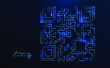 Obraz premium QR code icon illuminated with stars and lines. Technology sign, neon effect, starry in the universe.