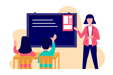 Teacher teaching students in classroom cartoon illustration. Classroom with teacher and hand up student. Welcome back to school with teacher teaching students in classroom.