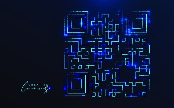 QR code icon illuminated with stars and lines. Technology sign, neon effect, starry in the universe.