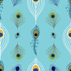 Colorful peacock feathers seamless pattern on blue