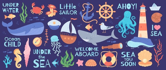 Fototapeta na wymiar Cute marine animals, sea adventures, ocean elements with funny quotes. Underwater poster with octopus, shark, turtle, lighthouse, anchor, aquatic life vector illustration