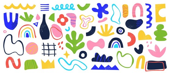 Abstract shapes and forms, contemporary graphic elements, trendy minimalist doodles. Hand drawn modern sketch doodles for posters, fashion textile prints vector set