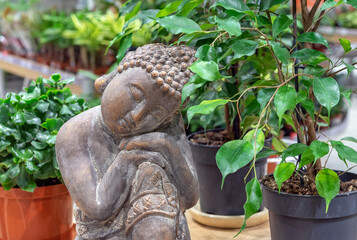 Buddha statue amidst plants in park. Sleeping Buddha.