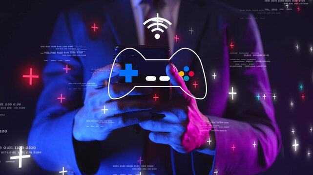 GameFi DeFi futuristic NFT GameFi decentralized finance play to earn, online digital technology. Businessman gamer with mobile phone graphic icon modern game business investment idea