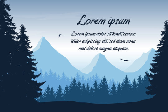 Flat design illustration of landscape with forest, mountains and flying birds. Blue sky with clouds and text - vector