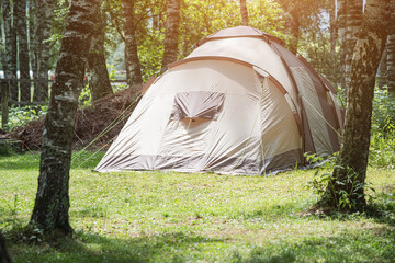 A big family tent is set up on soft green grass in the forest near the lake. Weekend activity and camping adventures