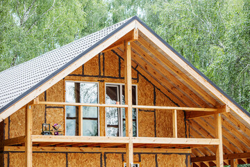 Construction of a cottage or chalet of a wooden house in nature